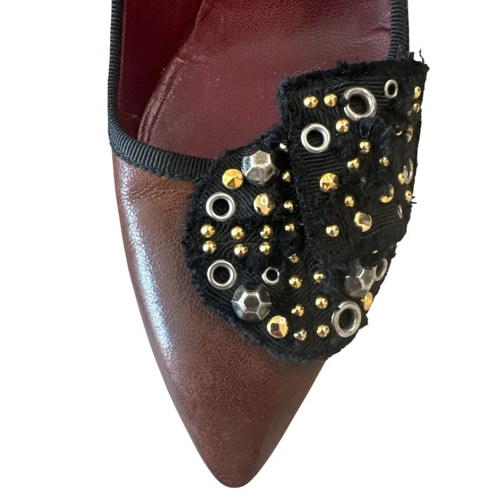 Prada Vintage Brown Leather Studded Grommet Bow Pumps Pointed Toe IT40 9.5